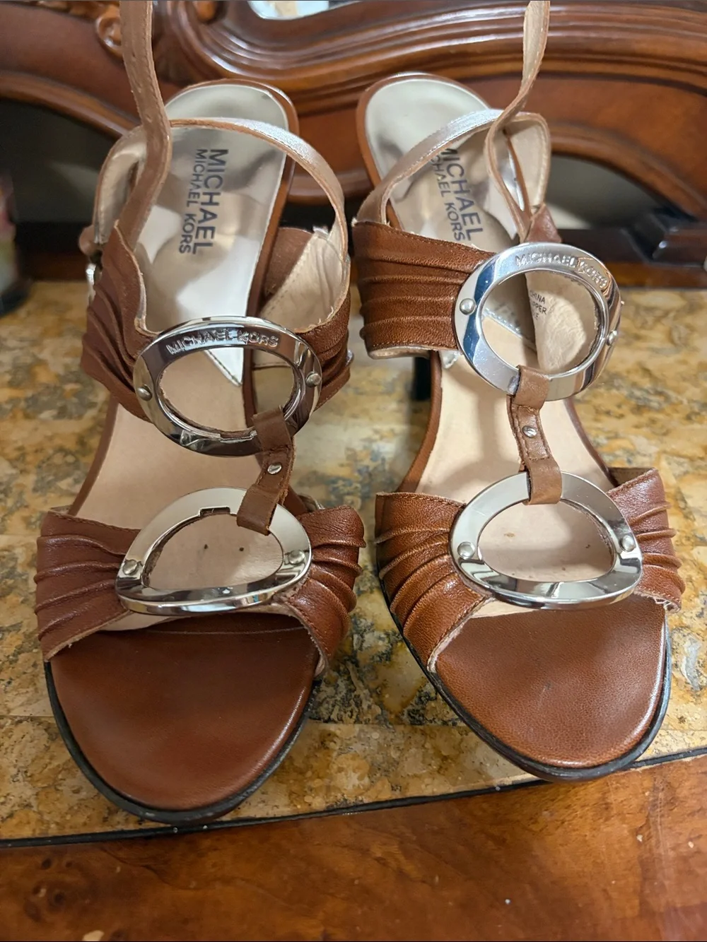 Michael Kors Brown Leather T-Strap Heeled Sandals with Silver Accents